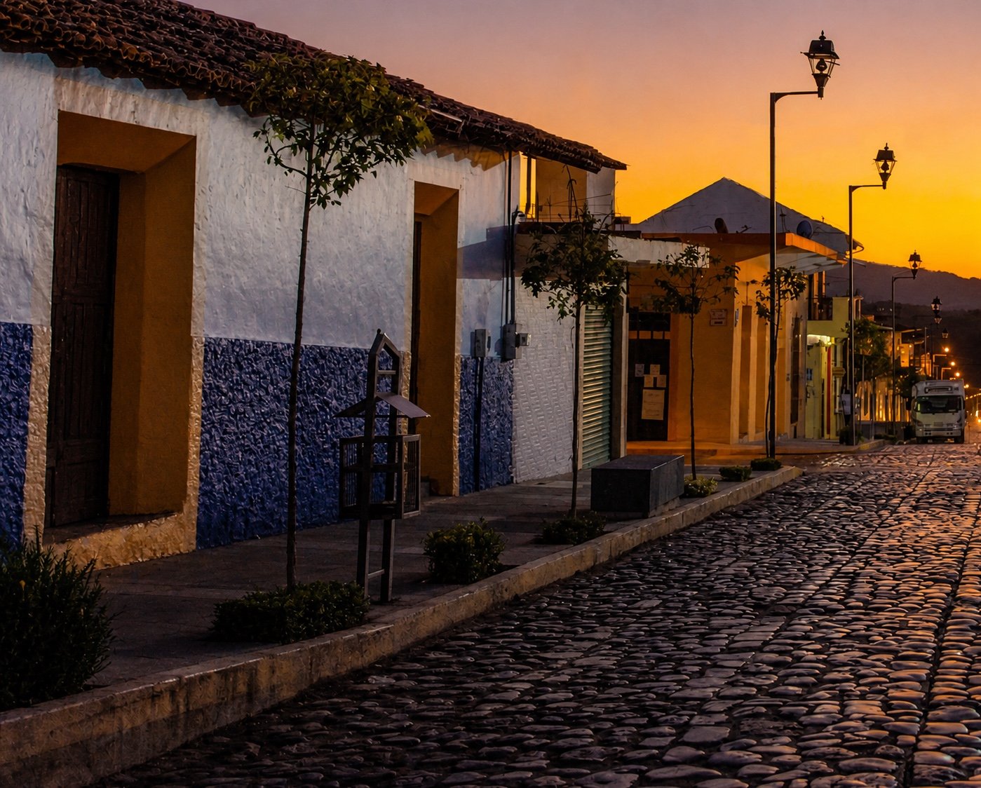 Calle empedrada de Coscomatepec al atardecer